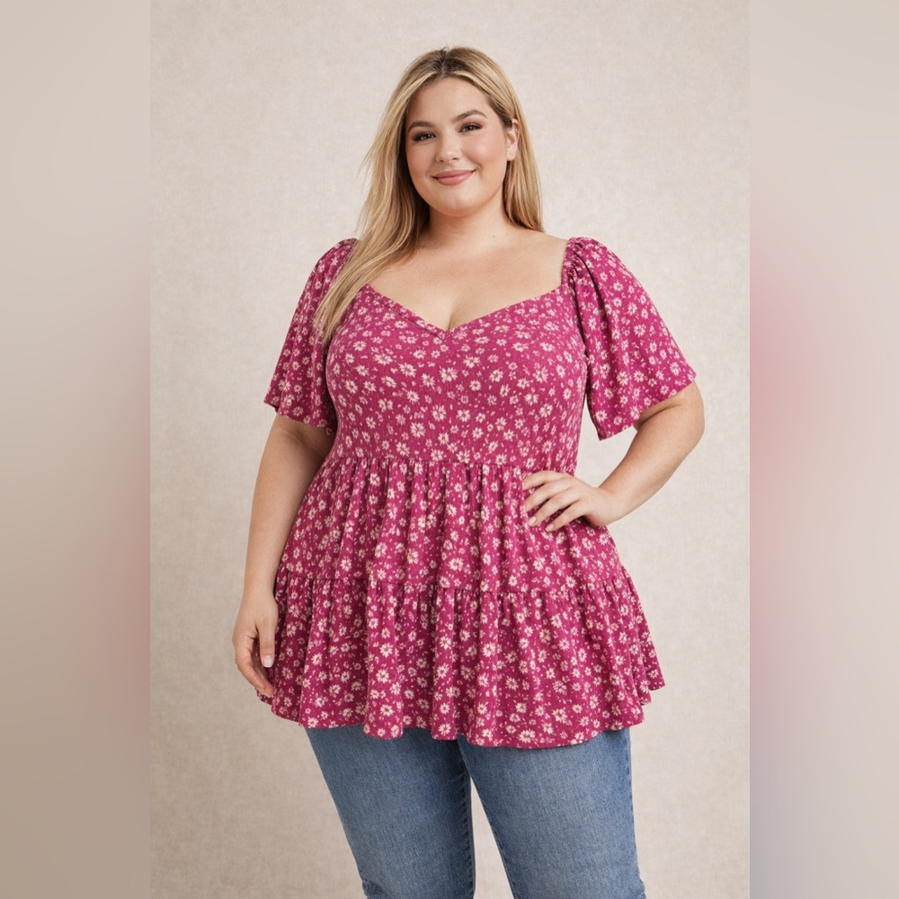 TORRID Pink Floral Tiered Babydoll Top Size 2 (Plus Size) Boho Flowy